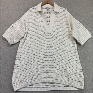 COS Mens Oversized Polo Shirt Ivory Knitted Collared Short Sleeve Performance M